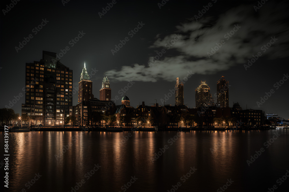 city skyline at night with reflections