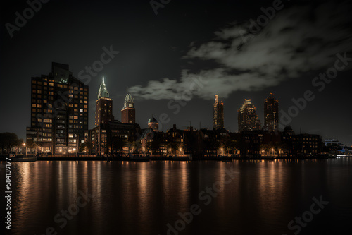city skyline at night with reflections