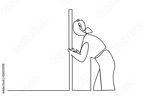 woman eavesdropping at home, hiding, afraid, nervous, the door opens