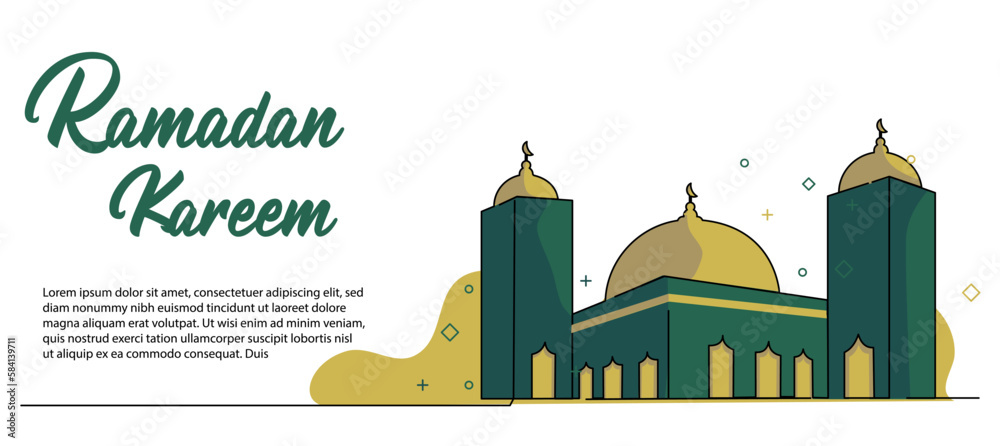Ramadan Kareem Web Banner. Mosque doodle design concept. Vector illustration in modern flat style in continuous line style.