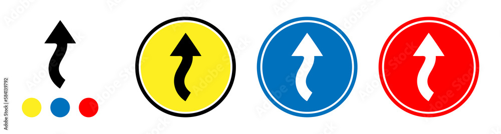 winding road sign, winding road direction icon, yellow, blue and red color road sign isolated winding road sign, winding road direction icon, yellow, blue and red color road sign isolated
