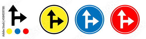 three intersection road markings, a combination of up and right arrows, yellow, blue and red road sign isolated