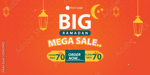 Ramadan Kareem Mega Sale Banner, Islamic Ornament Lantern, Decoration gold and modern Background with empty space for photo