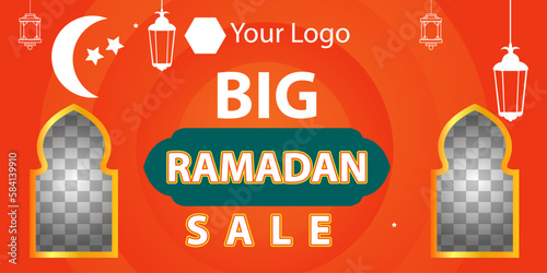 Ramadan Kareem Mega Sale Banner, Islamic Ornament Lantern, Decoration gold and modern Background with empty space for photo