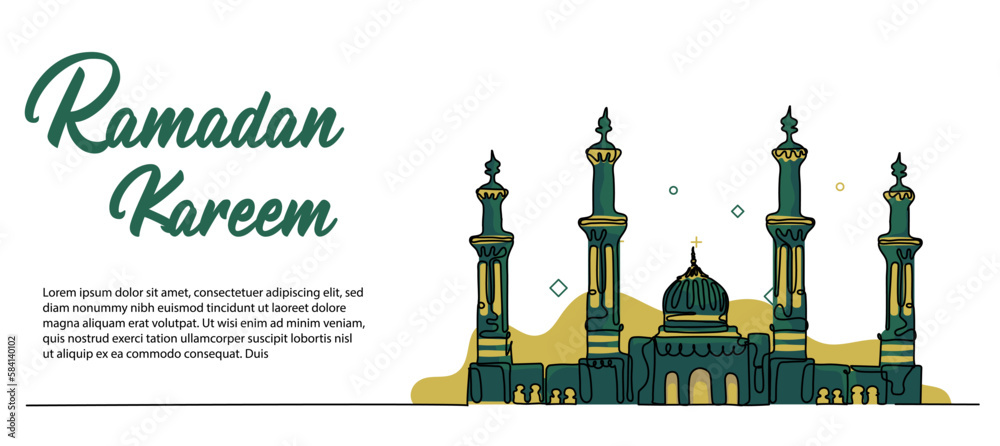 Ramadan Kareem Web Banner. Mosque doodle design concept. Vector illustration in modern flat style in continuous line style. - obrazy, fototapety, plakaty 