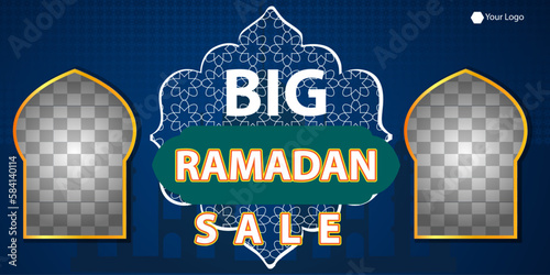Ramadan Kareem Mega Sale Banner, Islamic Ornament Lantern, Decoration gold and modern Background with empty space for photo