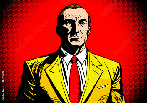 Confident businessman in comics style looking at the future. Boss with the red necktie in pop-art style.
