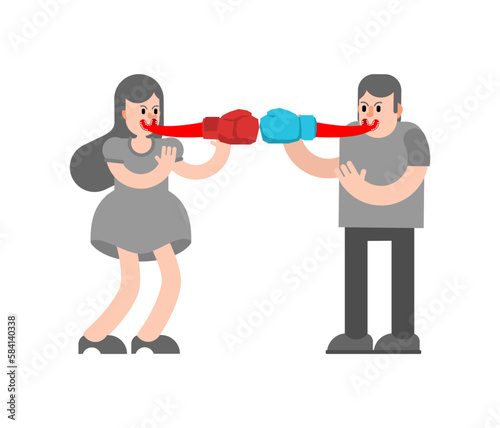 Couple quarrel. Tongue is like boxing glove. Hitting with words. Concept swearing and quarrel between lovers
