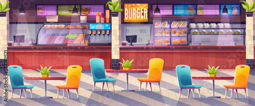 Cartoon food court interior design. Vector illustration of fast food restaurant with colorful chairs and tables in shopping mall. Sandwiches, burgers, salads, drinks on display. Snacks for lunch