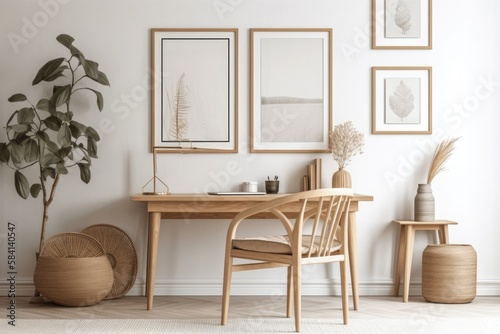 mockup frame with light farmhouse interior backdrop  wooden office . Generative AI
