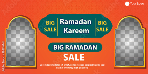 Ramadan Kareem Mega Sale Banner, Islamic Ornament Lantern, Decoration gold and modern Background with empty space for photo