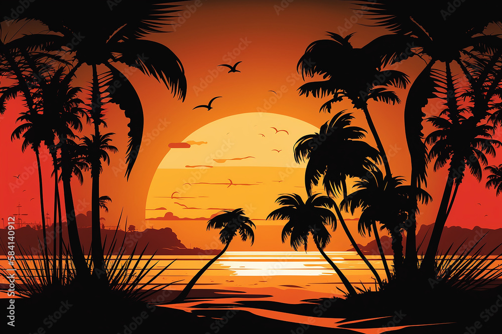 A beautiful sunset over a tropical beach with palm trees created with Generative AI technology