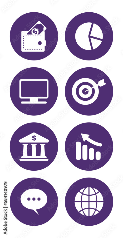 vector image set of 8 business icons with yellow background and yellow border