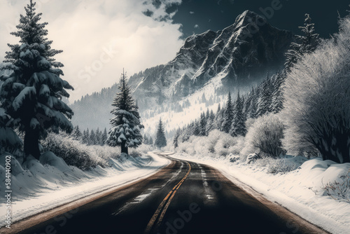 winter landscape in the mountains with a snowy and frozen road. Generative AI © jr-art