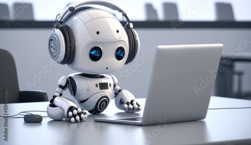 cute white artificial intelligence robot with a Laptop in the office room, office robot, working robot