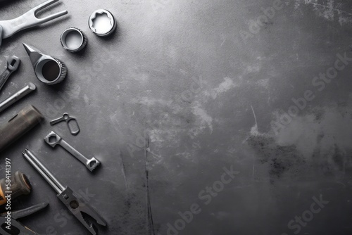 Auto mechanic's tools on grey stone table with copy space