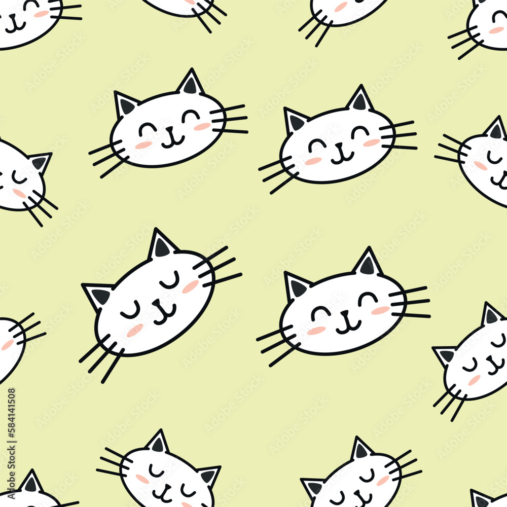 Obraz premium Cute cat seamless pattern with hand drawn.Сhildish pattern with cute cats, kids print. Animal seamless background, cute vector texture for kids bedding, fabric, wallpaper, wrapping paper, textile.