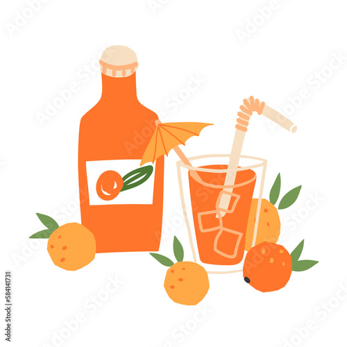 Orange lemonade or soda bottle with a glass, fresh orange fruit near. Refreshing citrus beverage, homemade organic drink