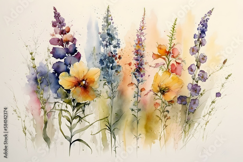 Fototapeta Naklejka Na Ścianę i Meble -  Vibrant watercolor and acrylic painting of colorful wildflowers against a blue sky. 4K Botanical Wallpaper