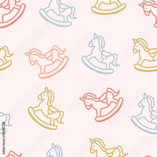cute seesaw horse seamless pattern. vector seamless pattern of children playground. Background Illustration in flat style.Childhood parenting collection. Picture isolate on pink background