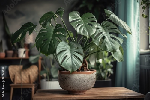 Tropical  Rhaphidophora Tetrasperma  houseplant in flower pot on table in bohemian living room. Generative AI