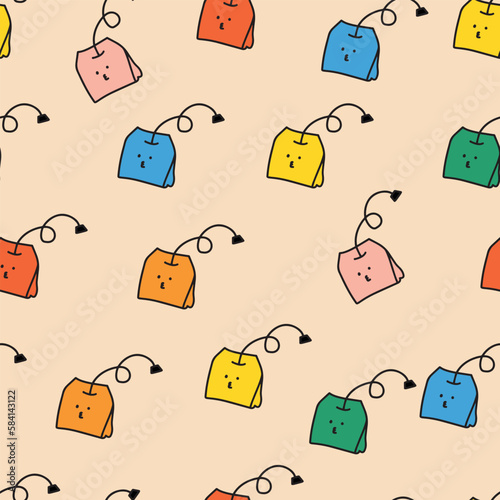 Cute doodle tea bags colorful seamless pattern. Suitable for textile, fabric, wallpaper, backdrop, fabric, textile, wrapping paper Vector illustration. Blue, pink, orange, green, yellow.