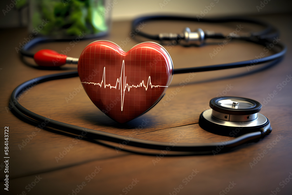 Stethoscope, red heart and cardiogram on table. Cardiology concept made with Generative AI Stethoscope, red heart and cardiogram on table. Cardiology concept made with Generative AI