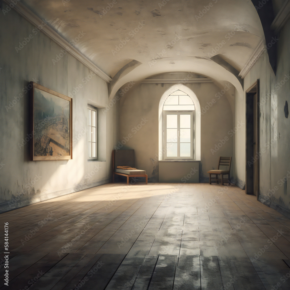 Beautiful old abandoned large room in a manor house, with large classic wooden windows and beautiful elegant gothic architecture, Generative AI Beautiful old abandoned large room in a manor house, with large classic wooden windows and beautiful elegant gothic architecture, Generative AI