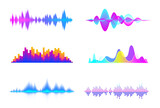 Colorful sound waves. Audio signal wave, color gradient music waveforms and digital studio equalizer vector set