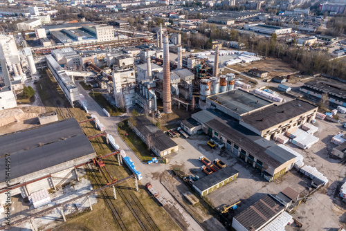 aerial panoramic view of pipes as of an old abandoned factory