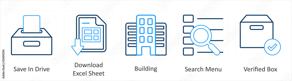 A set of 5 mix icons as save in drive, download excel sheet, building A set of 5 mix icons as save in drive, download excel sheet, building