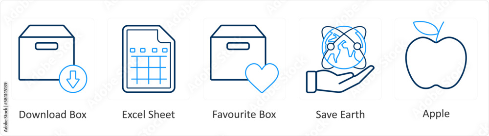 A set of 5 mix icons as download box, excel sheet, favorite box A set of 5 mix icons as download box, excel sheet, favorite box