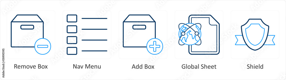 A set of 5 mix icons as remove box, nav menu, add box A set of 5 mix icons as remove box, nav menu, add box