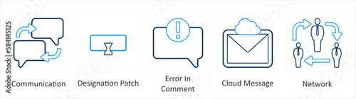 A set of 5 mix icons as communication, designation patch, error in comment