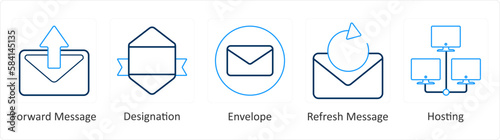 A set of 5 mix icons as forward message, designation, envelope