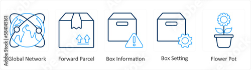 A set of 5 mix icons as global network, forward parcel, box information