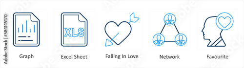 A set of 5 mix icons as graph, excel sheet, falling in love