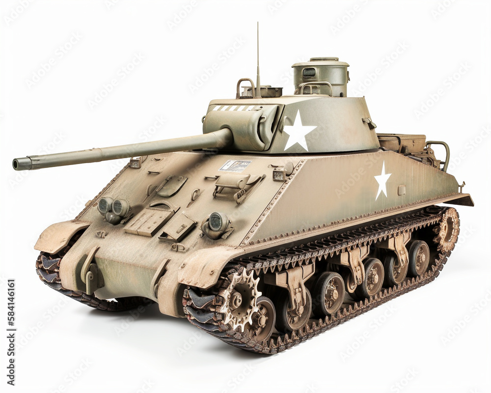 American tank Sherman from WW2, isolated on white background, illustration created with generative AI technology American tank Sherman from WW2, isolated on white background, illustration created with generative AI technology