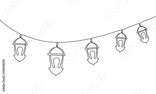 Continuous line drawing of ramadan kareem greeting card. Lantern, islamic decoration, object one line, single line art, vector illustration