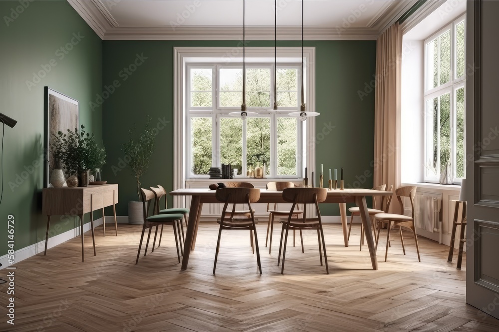 Green and beige Scandinavian dining room. Hardwood table, chairs, parquet, decors, and frame mockup. Farmhouse decor,. Generative AI