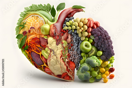 Healthy food concept of a human heart made of vegetable and fruit mix that reduce death risk made with Generative AI