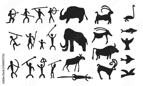 Cave painting prehistoric rock art hand drawn sketch style vector illustration set. Rock age cave paintings set with prehistoric wild animals, tribal people and village buildings.