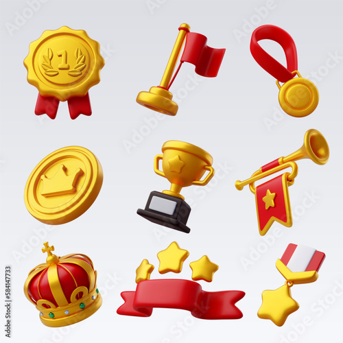 3d Vector Winner golden prize and award with red ribbon icon, Premium Quality guarantee label, Victory game champion.