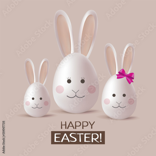 Easter eggs rabbit family. Set of realistic 3d white eggs with ears and faces. Happy Easter sign. Vector design.