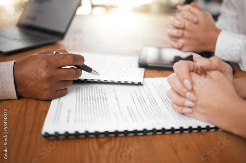 Hands, signing and couple with lawyer and contract for marrriage, mortgage or insurance. Legal, investment and a man and a woman with an advisor and paperwork for an agreement, service and compliance photo