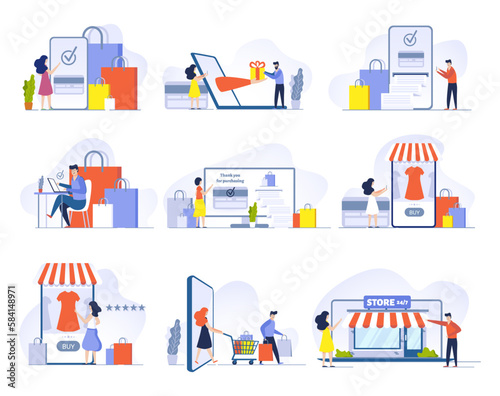 Online shopping, Mobile shopping, internet store and shop website on smartphone vector illustrations set