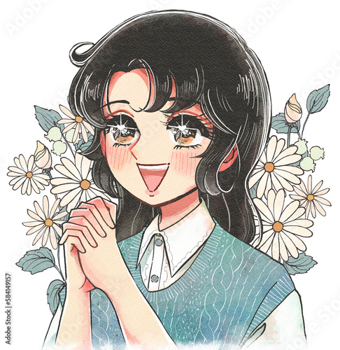 パァア…！花に囲まれて笑う、少女まんが風の女の子
