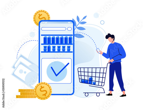 Online store payment. Man ordering products in internet via application. Man going with cart and taking products