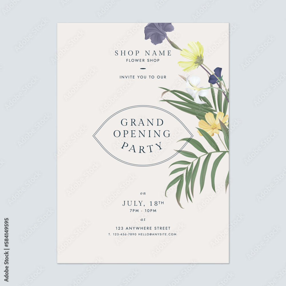 Floral party invitation card template design, flower bouquet and indoor bamboo palm leaves on green