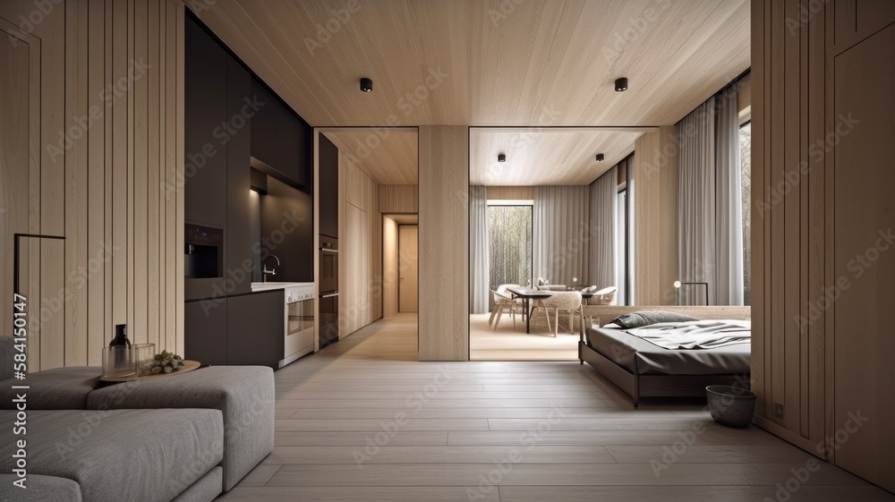 Wooden modern interior space, minimalistic clean design with natural material Wooden modern interior space, minimalistic clean design with natural material